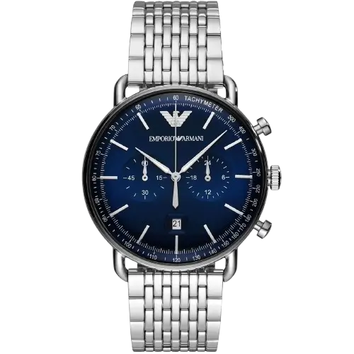 ساعة امبوريو ارماني أفياتور AR11238 للرجال، بمينا زرقاء وسوار من الستانلس ستيل باللون الفضي.