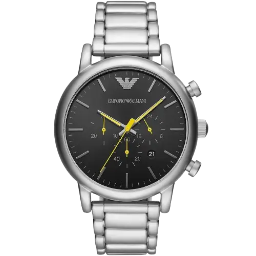 ساعة امبوريو ارماني لويجي AR11324 للرجال، بمينا سوداء وسوار من الستانلس ستيل باللون الفضي.