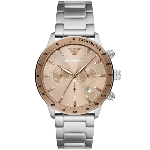 Emporio Armani Mario AR11352 men's chronograph watch with a copper-toned dial and a silver-toned stainless steel strap.