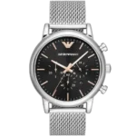 Emporio Armani Luigi AR11429 men's chronograph watch with a black dial and a silver-toned stainless steel strap.