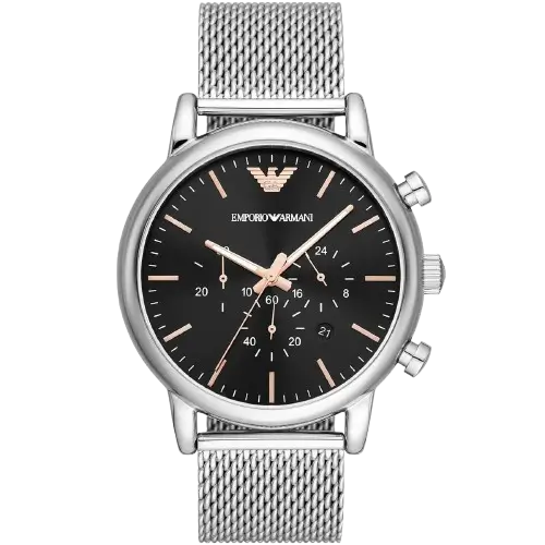 Emporio Armani Luigi AR11429 men's chronograph watch with a black dial and a silver-toned stainless steel strap.