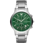 Emporio Armani AR11507 men's chronograph watch with a green dial and a silver-toned stainless steel strap.
