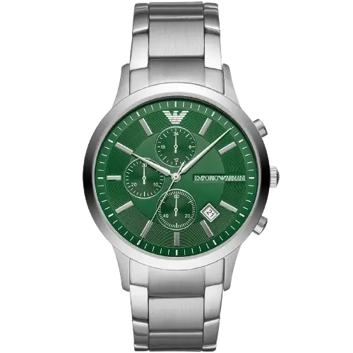 Emporio Armani AR11507 men's chronograph watch with a green dial and a silver-toned stainless steel strap.