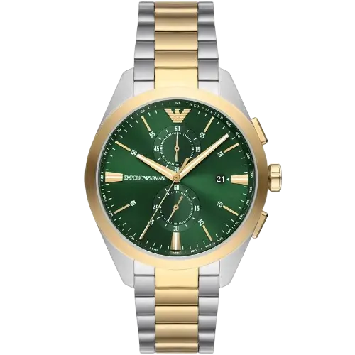 Emporio Armani AR11511 men's chronograph watch with a green dial and a two-toned silver and gold stainless steel strap.