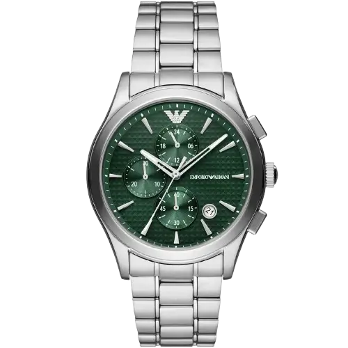 Emporio Armani Paolo AR11529 men's chronograph watch with a green dial and a silver-toned stainless steel strap.