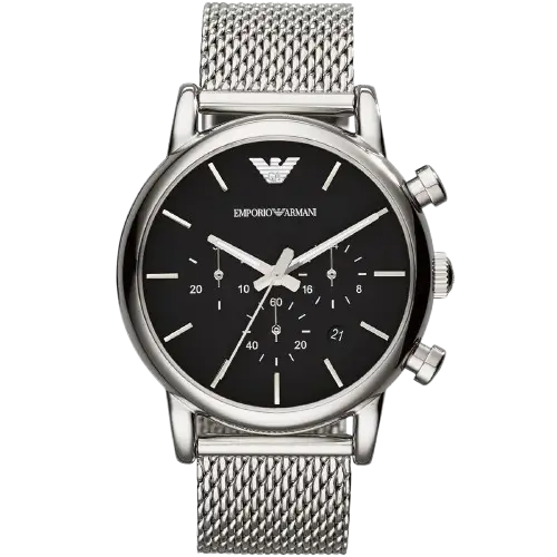"Emporio Armani Luigi AR1811 men's chronograph watch with black dial and silver stainless steel strap."
