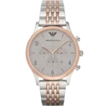 "Emporio Armani Beta Large AR1864 men's chronograph watch with gray dial and two-toned silver and rose gold stainless steel strap."