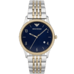 "Emporio Armani Beta Large AR1868 men's watch with a blue dial and a two-toned silver and gold stainless steel strap."