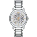 "Emporio Armani Luigi AR1980 men's watch with a white dial and a silver-toned stainless steel strap."