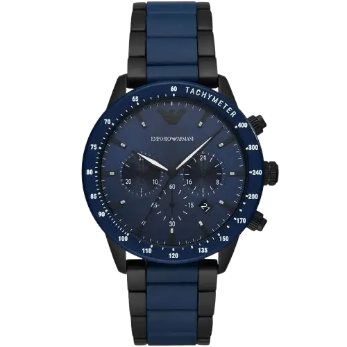 Emporio Armani Mario AR70001 men's chronograph watch with a blue dial and a two-toned black and blue stainless steel strap.