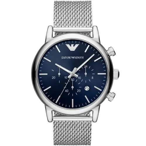 Emporio Armani Luigi AR80038 men's watch with a blue dial and a silver-toned stainless steel strap.