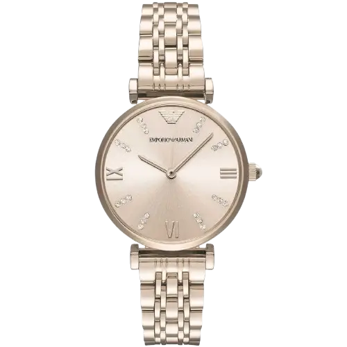 Emporio Armani Gianni T-Bar AR11059 women's watch with an all-rose gold dial and stainless steel strap.