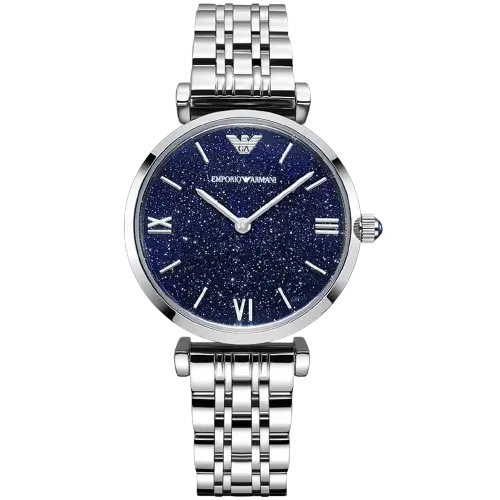 Emporio Armani Gianni AR11091 women's watch with a blue dial and a silver-toned stainless steel strap.