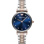 Emporio Armani Gianni T-Bar AR11092 women's watch with a blue dial and a two-toned silver and rose gold stainless steel strap.