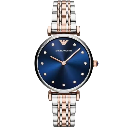 Emporio Armani Gianni T-Bar AR11092 women's watch with a blue dial and a two-toned silver and rose gold stainless steel strap.