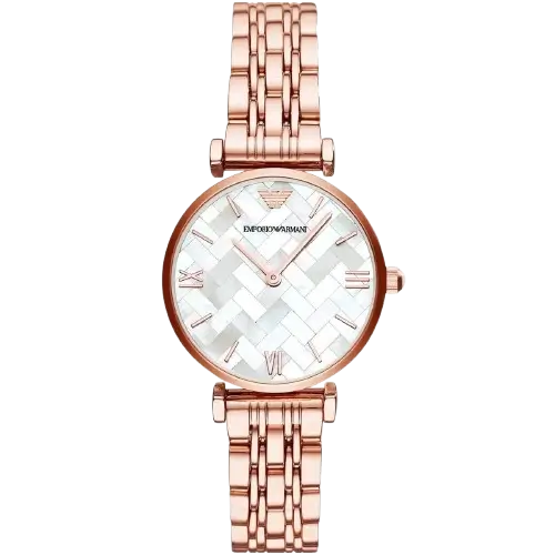 Emporio Armani Gianni T-Bar AR11110 women's watch with a white dial and a rose gold-toned stainless steel strap.