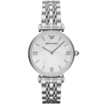 Emporio Armani Gianni T-Bar AR1682 women's watch with a white dial and a silver-toned stainless steel strap.