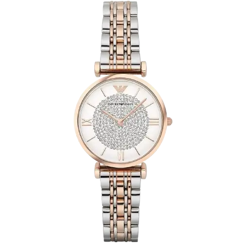 Emporio Armani Gianni T-Bar AR1926 women's watch with a white dial and a two-toned silver and rose gold stainless steel mesh strap.