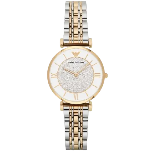 Emporio Armani Gianni T-Bar AR2076 women's watch with a white mother-of-pearl dial and a two-toned silver and gold stainless steel strap.