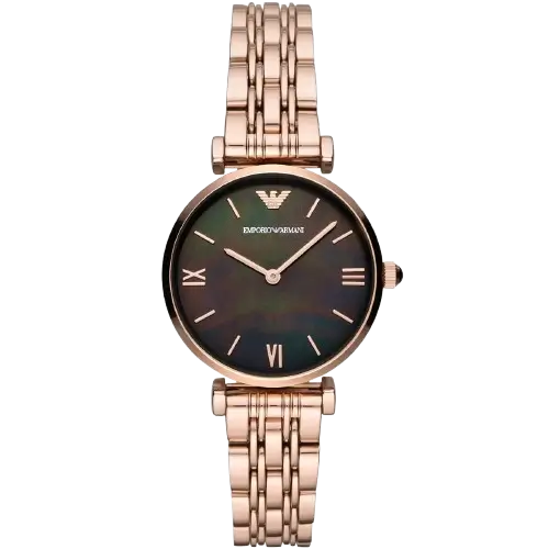 Emporio Armani Gianni T-Bar AR11145 women's watch with a black dial and a rose gold-toned stainless steel strap.