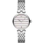 Emporio Armani Arianna AR11195 women's watch with a white dial and a silver-toned stainless steel mesh strap.