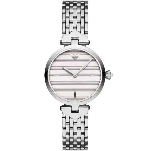 Emporio Armani Arianna AR11195 women's watch with a white dial and a silver-toned stainless steel mesh strap.