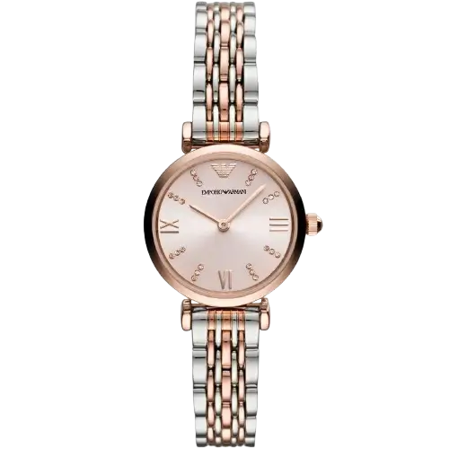 Emporio Armani Gianni T-Bar AR11223 women's watch with a pink dial and a two-tone silver and rose gold stainless steel mesh strap.