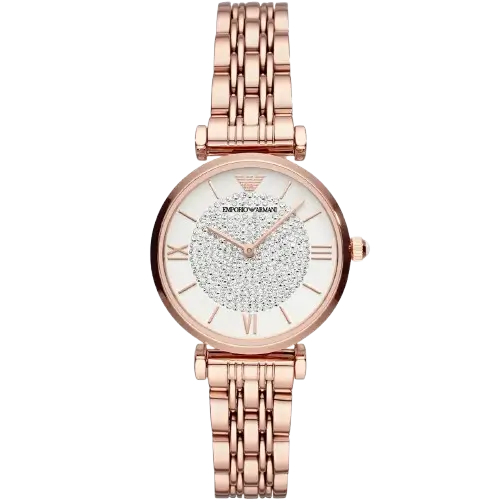 Emporio Armani Gianni T-Bar AR11244 women's watch with a white dial and a rose gold-toned stainless steel mesh strap.