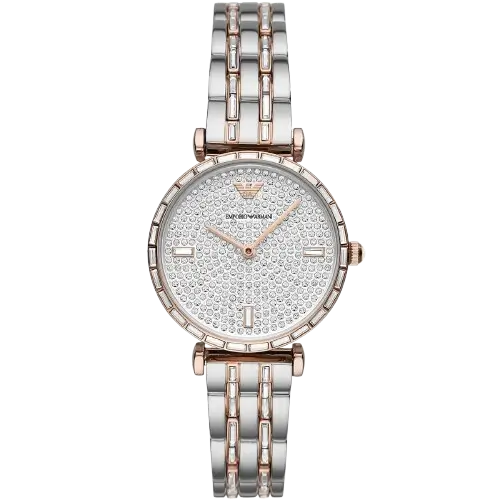 Emporio Armani Gianni T-Bar AR11294 women's watch with a white dial and a rose gold-toned stainless steel mesh strap.