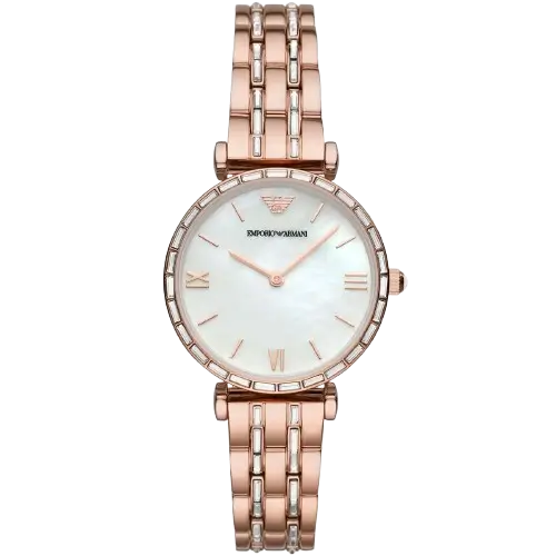 Emporio Armani Gianni T-Bar AR11294 women's watch with a white dial and a rose gold-toned stainless steel mesh strap.