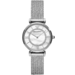 Emporio Armani Gianni T-Bar AR11319 women's watch with a white dial and a silver stainless steel mesh strap.