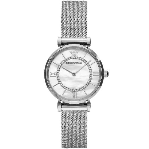 Emporio Armani Gianni T-Bar AR11319 women's watch with a white dial and a silver stainless steel mesh strap.
