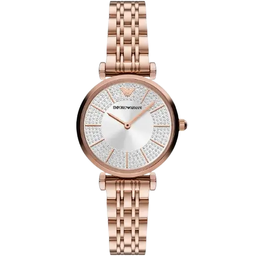 Emporio Armani Gianni T-Bar AR11446 women's watch with a silver dial and a rose gold-toned stainless steel mesh strap.