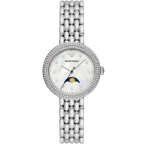 Emporio Armani Rosa AR11461 women's watch with a white dial and a silver stainless steel mesh strap.