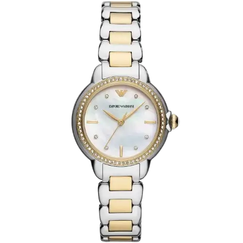 Emporio Armani Mia AR11524 women's watch with a white dial and a two-tone silver and gold stainless steel mesh strap.