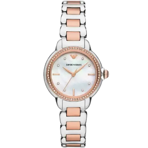 Emporio Armani Mia AR11524 women's watch with a white dial and a two-tone silver and gold stainless steel mesh strap.