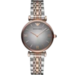 Emporio Armani Gianni T-Bar AR1725 women's watch with a gray dial and a two-toned silver and rose gold stainless steel strap. المصادر