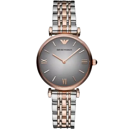 Emporio Armani Gianni T-Bar AR1725 women's watch with a gray dial and a two-toned silver and rose gold stainless steel strap. المصادر