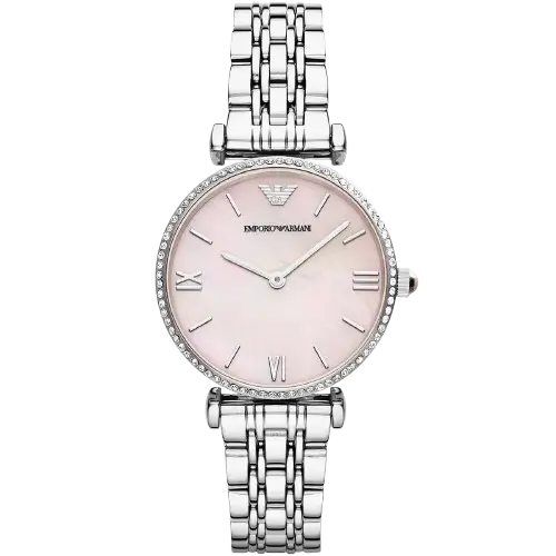 Emporio Armani Gianni T-Bar AR1779 women's watch with a pink dial and a silver-toned stainless steel strap.