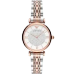 Emporio Armani Gianni T-Bar AR80035 women's watch with a white dial and a two-tone silver and rose gold stainless steel mesh strap.
