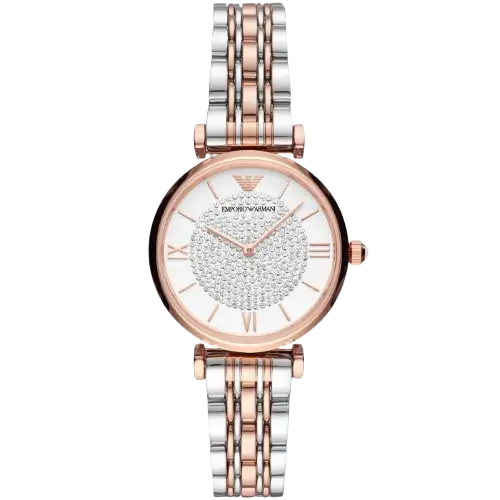 Emporio Armani Gianni T-Bar AR80035 women's watch with a white dial and a two-tone silver and rose gold stainless steel mesh strap.