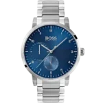 Hugo Boss Oxygen 1513597 men's watch with a blue sunburst dial and silver stainless steel bracelet.