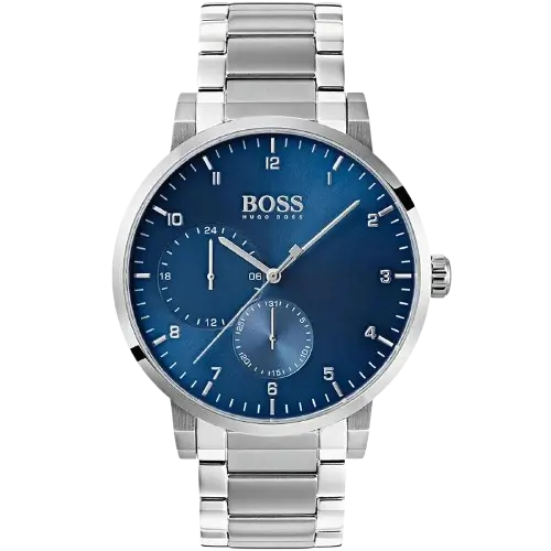 Hugo Boss Oxygen 1513597 men's watch with a blue sunburst dial and silver stainless steel bracelet.