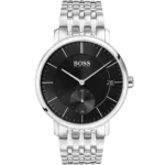 Hugo Boss Corporal 1513641 men's watch with a black dial and silver stainless steel bracelet.