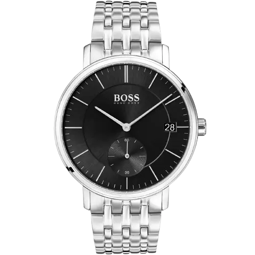 Hugo Boss Corporal 1513641 men's watch with a black dial and silver stainless steel bracelet.