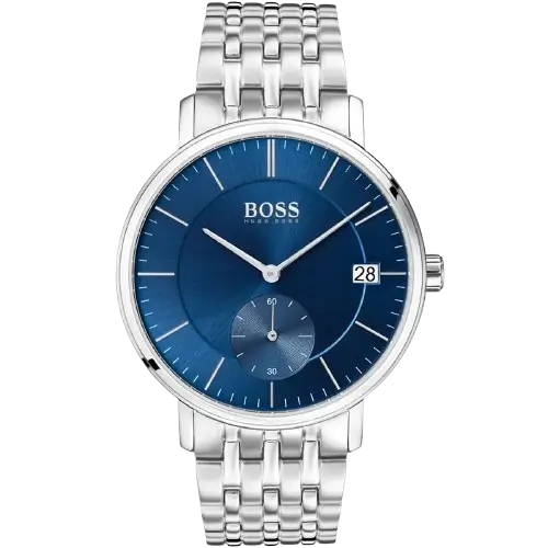 Hugo Boss Corporal 1513642 men's watch with a blue sunburst dial and silver stainless steel bracelet.