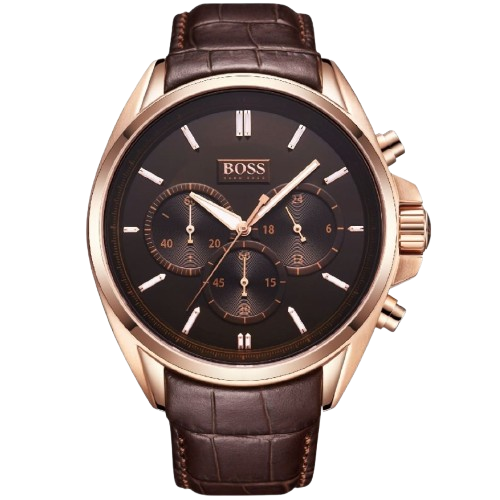Hugo Boss Driver 1513036 men's chronograph watch with a silver or black dial and a luxurious brown genuine leather strap.