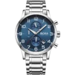 Hugo Boss Aeroliner 1513183 men's chronograph watch with a blue dial and a silver stainless steel bracelet.