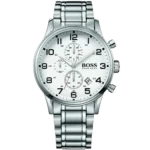 Hugo Boss Aeroliner 1513182 men's chronograph watch with a white dial and a silver stainless steel bracelet.