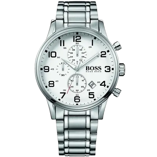 Hugo Boss Aeroliner 1513182 men's chronograph watch with a white dial and a silver stainless steel bracelet.